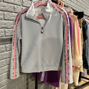 Lola + The Boys Light Gray Bomber Jacket with Pink Sequin Trim